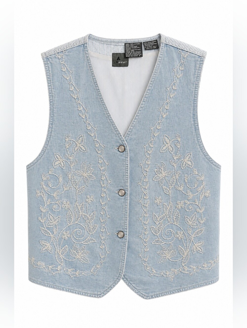 Vintage LizWear Embroidered Denim Vest, Light Wash, White Floral Embroidery, L